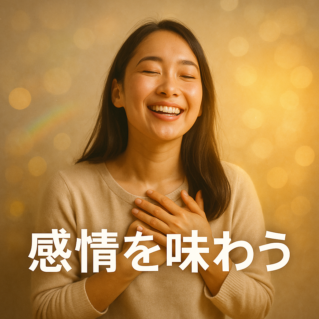 私が一番大事にしていたのが 「感情の先取り」 。感情を味わう(今この瞬間にあるかのように、そこにいるかのように)ことを実践している女性の画像