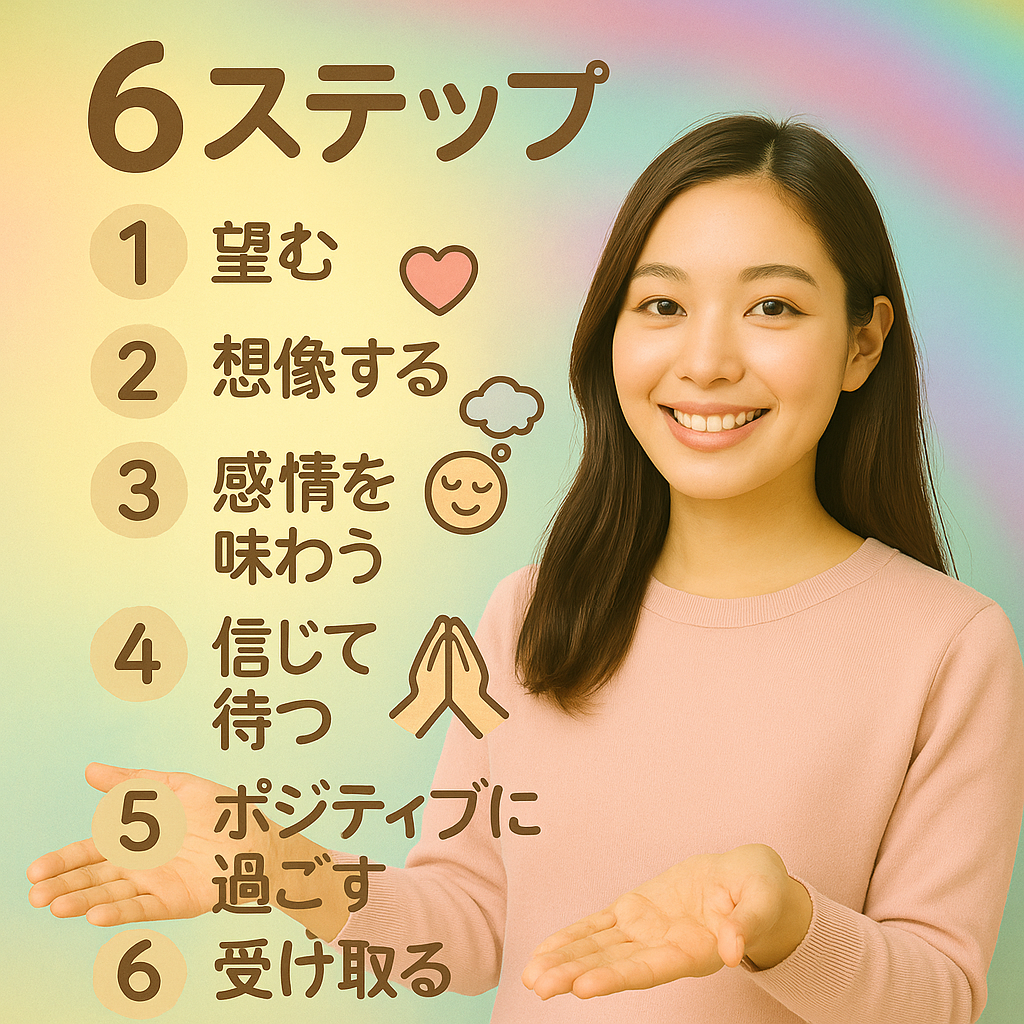引き寄せの法則で現実が動き出した6つのステップを画像で紹介している女性の画像