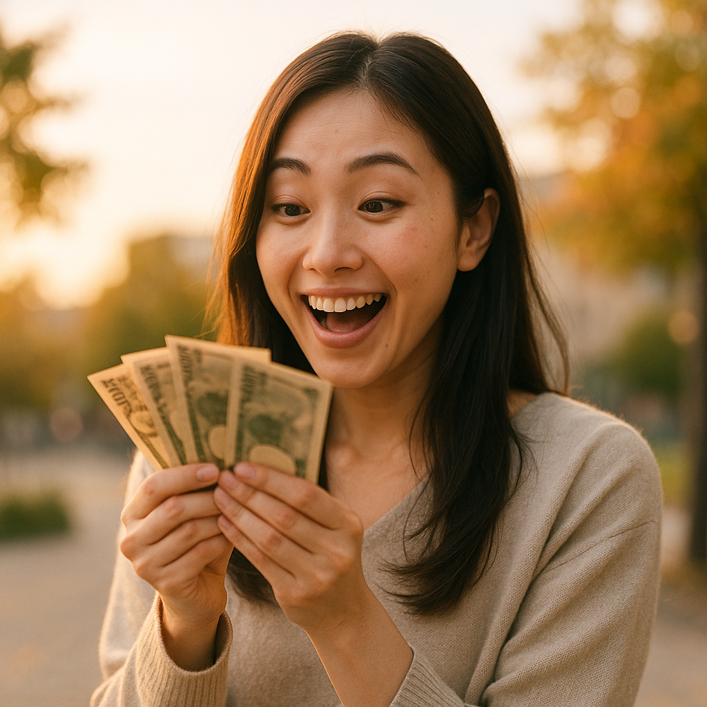 引き寄せの実践で臨時収入が、まさに必要な金額ピッタリで突然入ってきて喜んでいる女性の画像