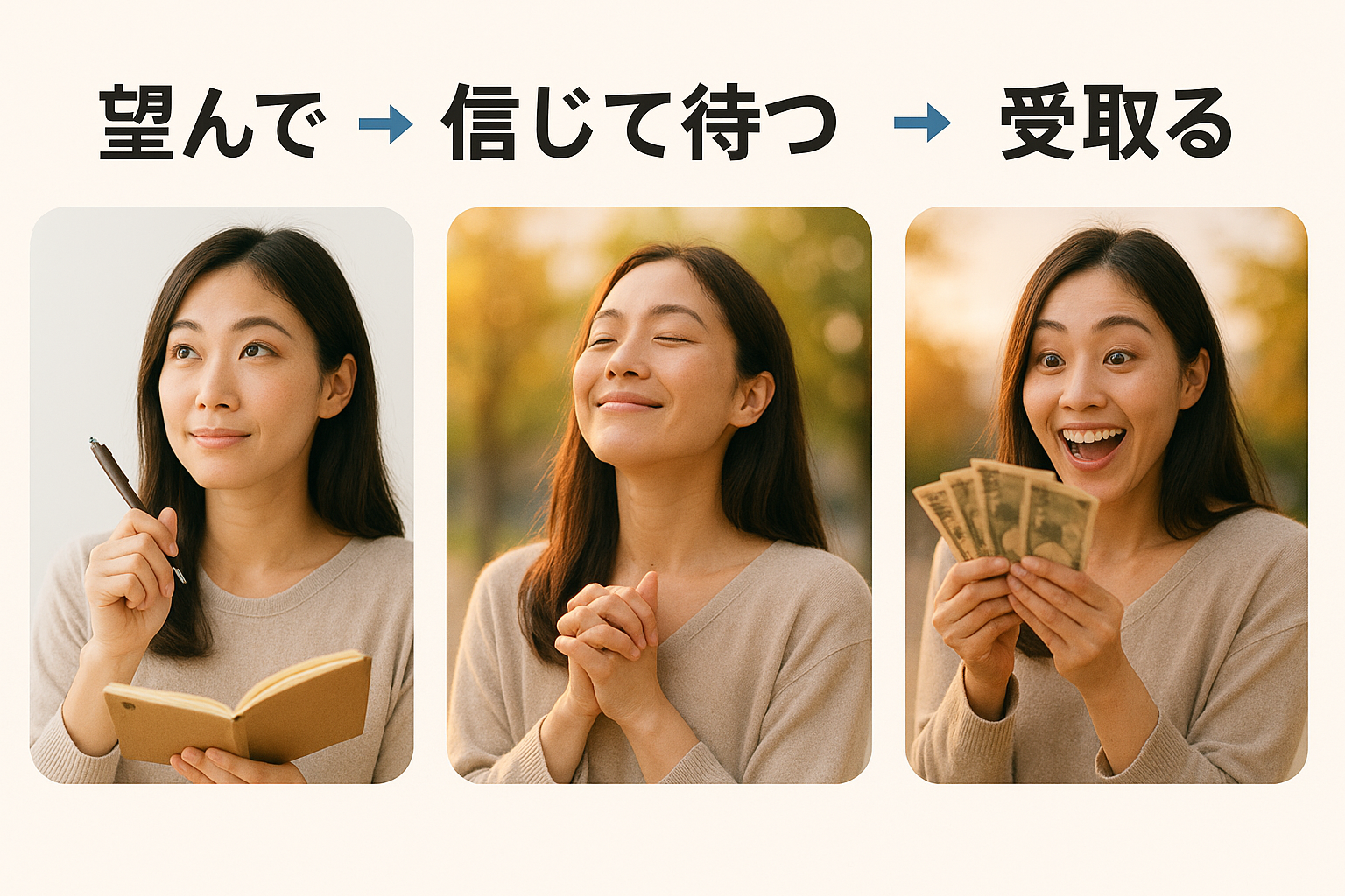 私が実感した!引き寄せの法則の基本3ステップ。これを実践している女性の画像。