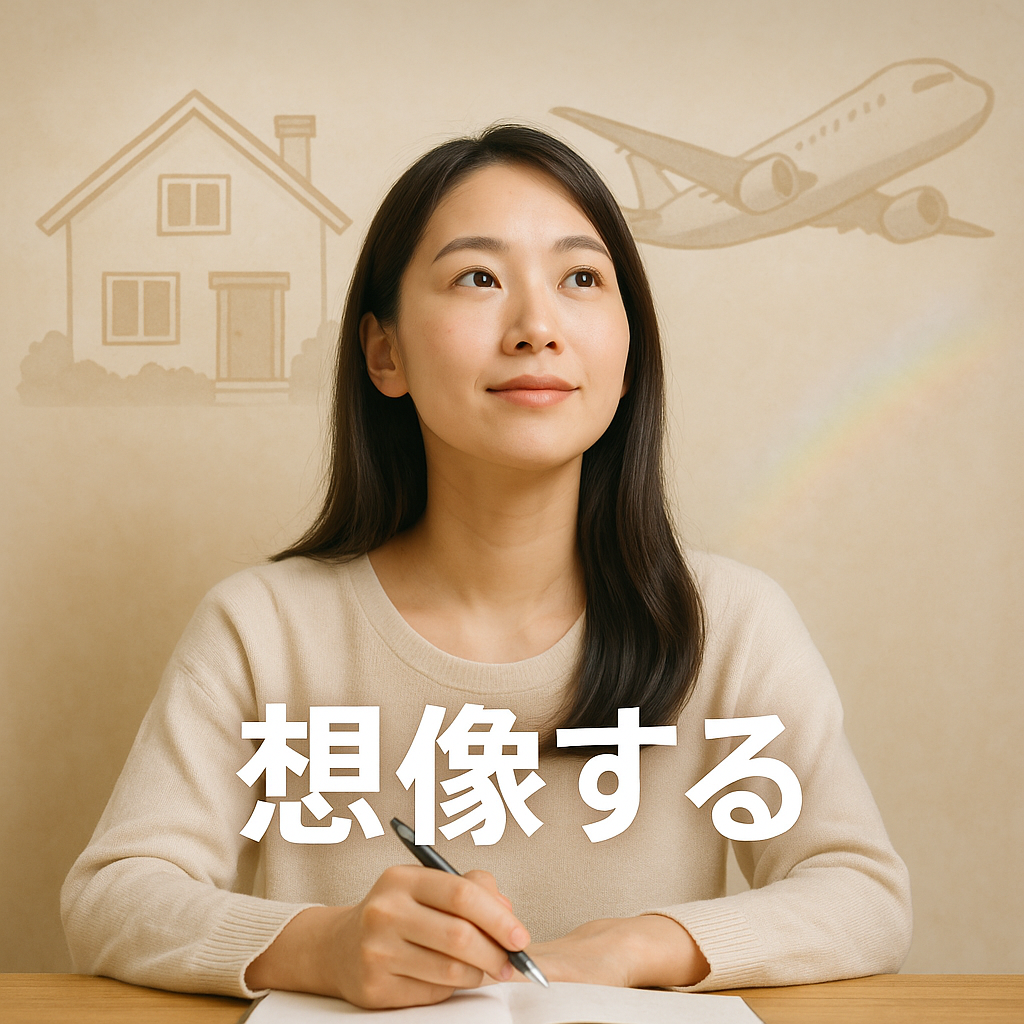 想像する。叶った場面をリアルにイメージしている女性の画像