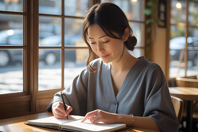 ノートに書いても違和感があったとき、その「内側のズレ」を見逃さないように振り返っている女性の画像