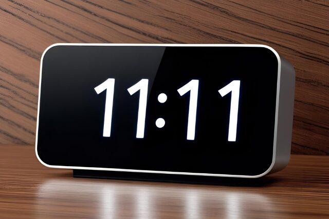 テーブルの上に置かれたデジタル時計が11：11と表示されている画像