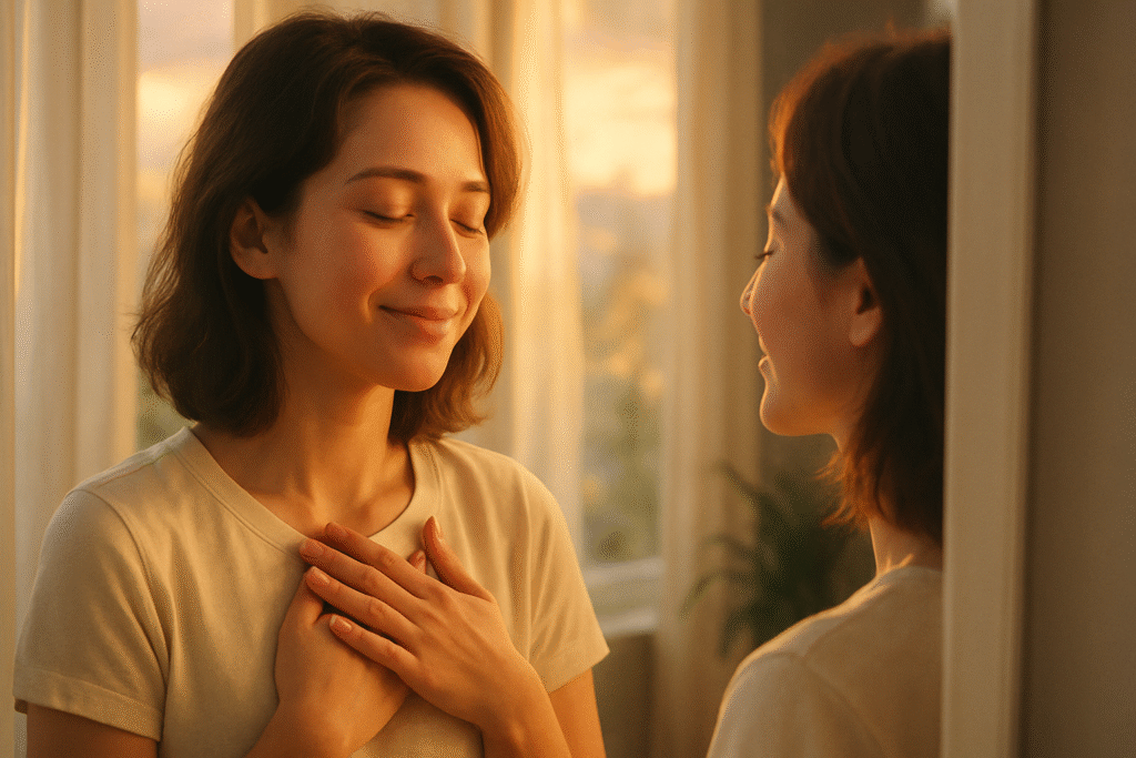 本来の自分をイメージしたり確認に鏡を見ながら、自分に「ありがとう」「愛してるよ」と声をかけてみるのもおすすめという画像