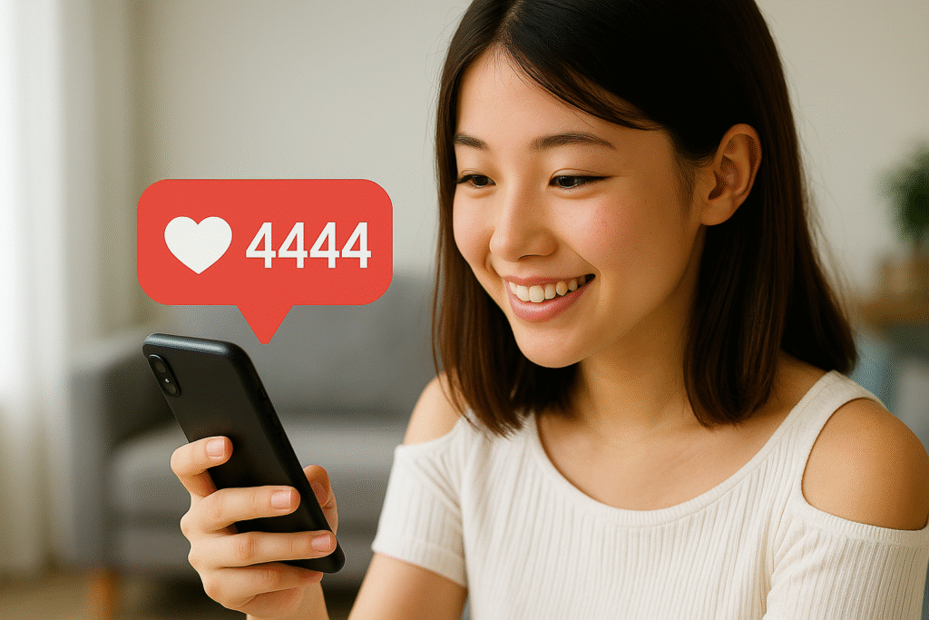 そんなある日、SNSのいいね数や動画の再生回数などで「4444」という数字がやたらと目につくようになりきになっている女性の画像