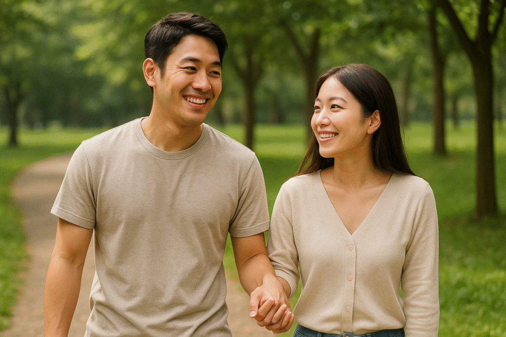 3333をきっかけに、感覚でつながる世界を受け入れられるようなって恋人にもさらに思いやれるようになり幸せな男性とその恋人の画像
