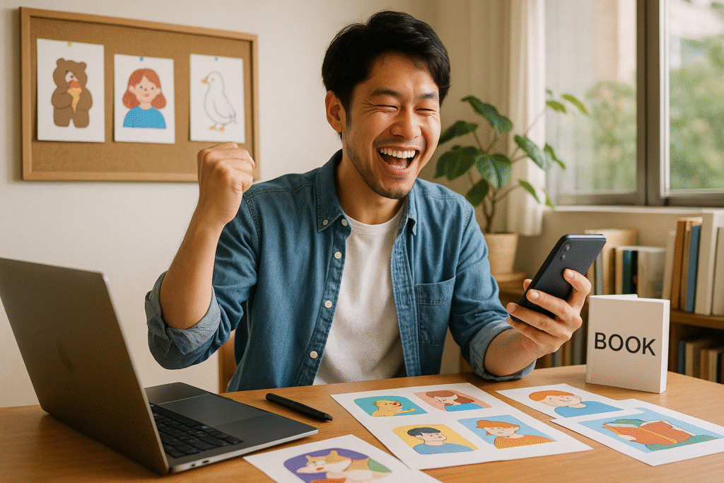 夢をかなえるには、まず“本当の望み”を明確にし、その後から好転し始め喜んでいるイラストレーター男性の画像
