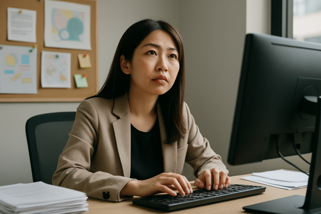 頭で理解したままブレーキを踏み続けた結果、結局そのまま変化ない状況の女性の画像