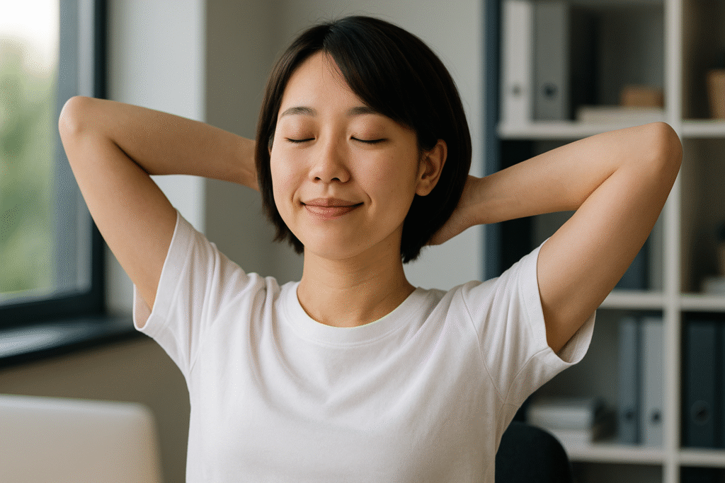 数字は“恐れ”じゃなく、“ストップのサイン”だった。自分を見つめ直すことで続いていた頭痛からも解放されほっとしている女性の画像。